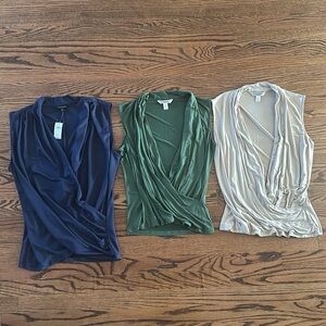 Banana Republic Sleeveless Draped Surplice Tank Trio - Navy, Olive Green, Beige